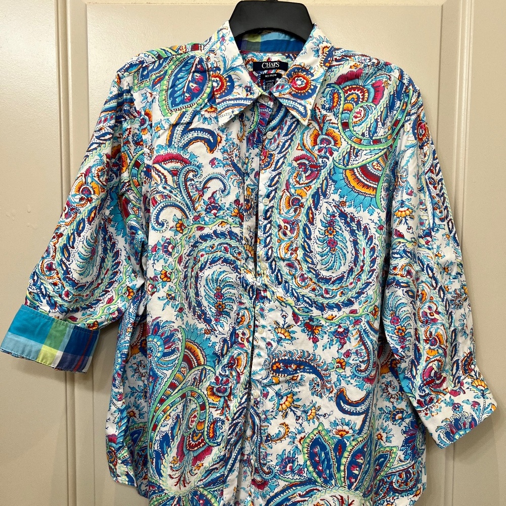 Chaps (Ralph Lauren) Women's 1X, 3/4 accent cuff sleeve, paisley button down